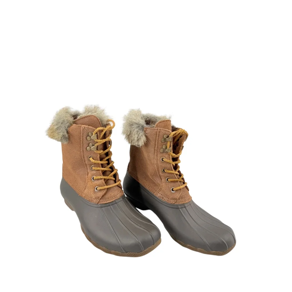 Sperry Top-Sider White Water Duck Winter Boots Brown Faux Fur Lace Up Sz 9M Cozy